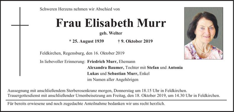 Traueranzeige Elisabeth Murr