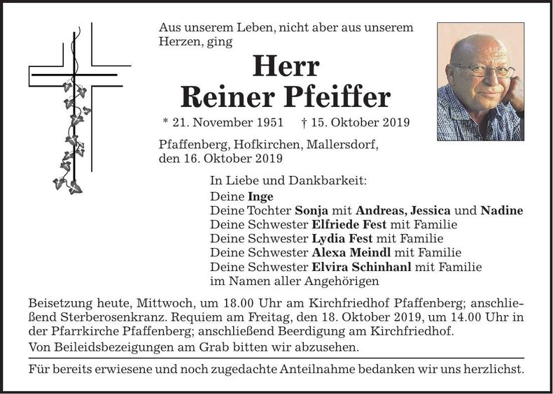 Traueranzeige Reiner Pfeiffer