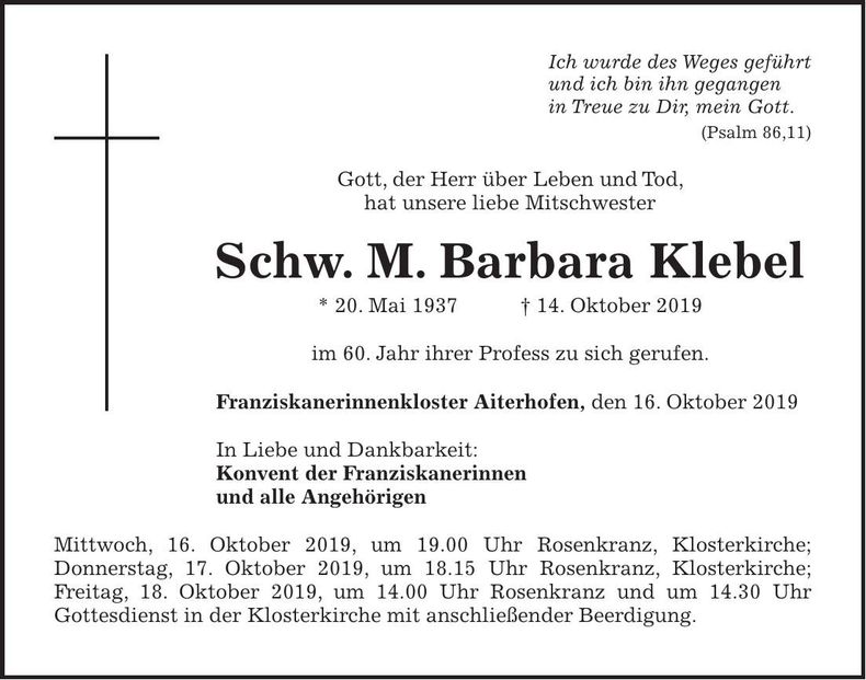 Traueranzeige Schw. M. Barbara Klebel