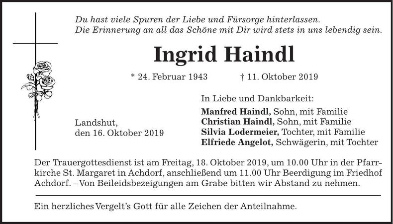 Traueranzeige Ingrid Haindl