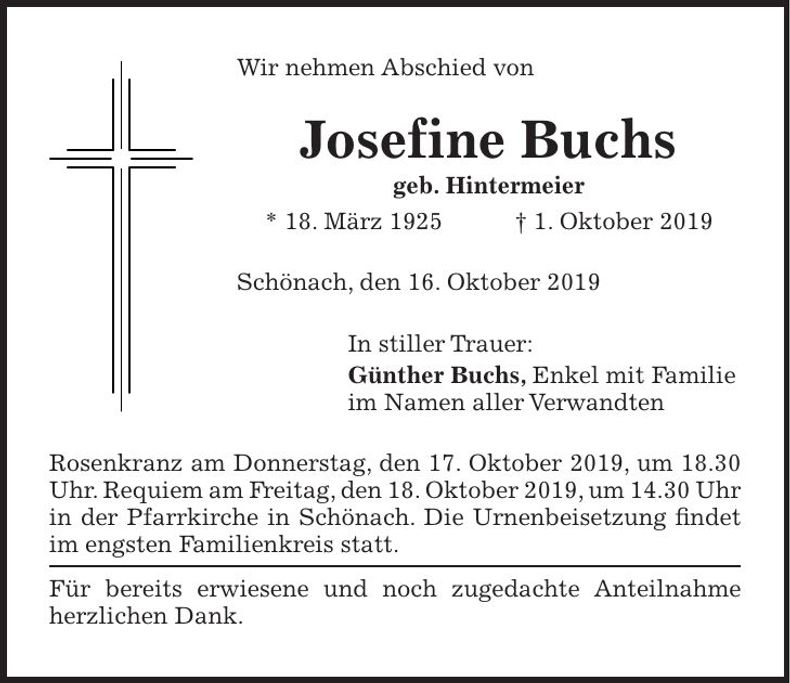 Traueranzeige Josefine Buchs