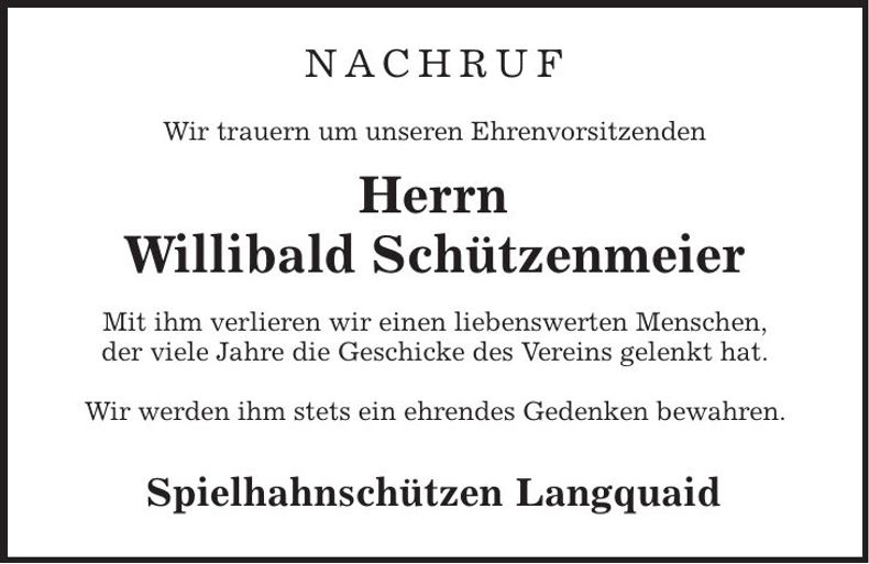 Traueranzeige Willibald Schützenmeier