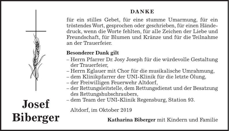 Traueranzeige Josef Biberger