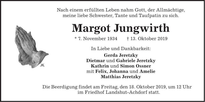 Traueranzeige Margot Jungwirth