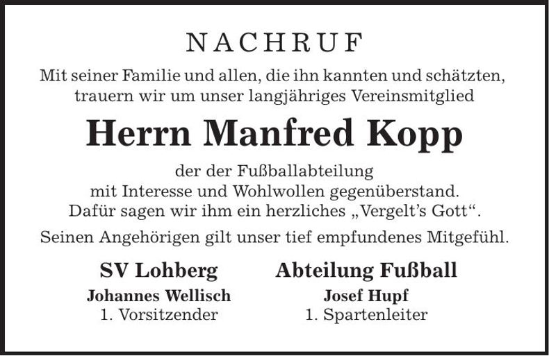 Traueranzeige Manfred Kopp