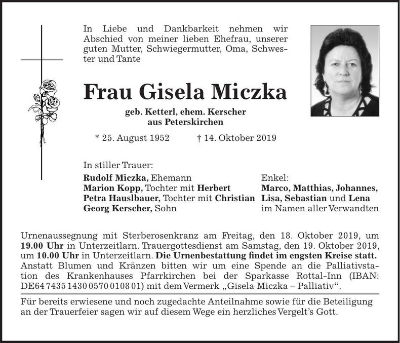 Traueranzeige Gisela Miczka