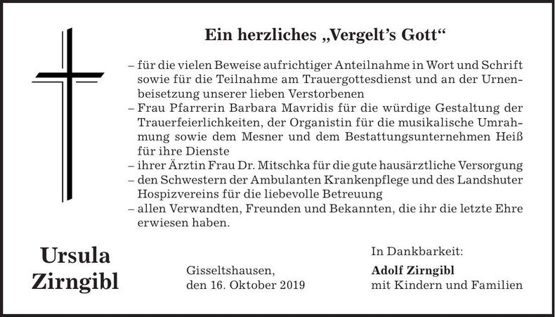 Traueranzeige Ursula Zirngibl