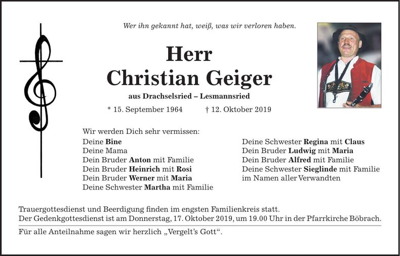 Traueranzeige Geiger Christian