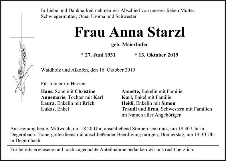 Traueranzeige Anna Starzl
