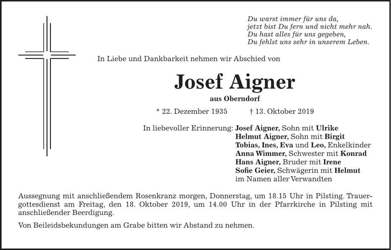 Traueranzeige Josef Aigner
