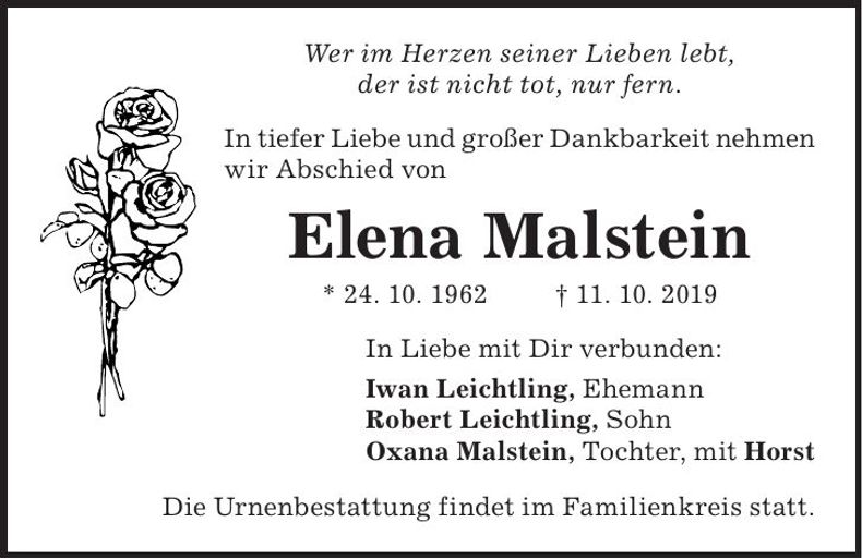 Traueranzeige Elana Malstein