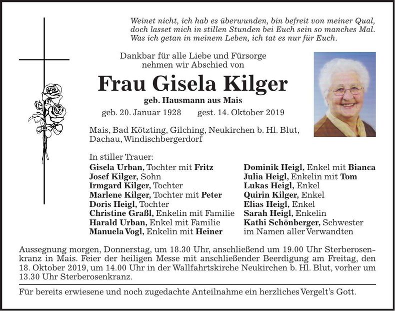 Traueranzeige Gisela Kilger