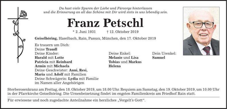 Traueranzeige Franz Petschl