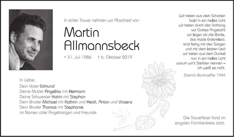 Traueranzeige Martin Allmannsbeck