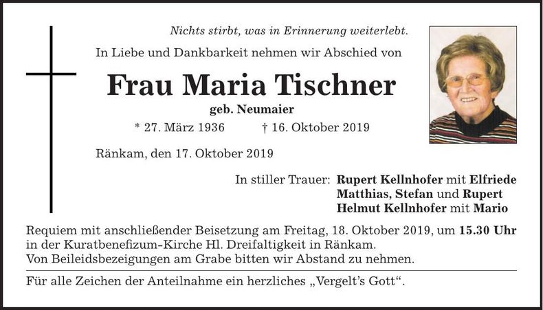 Traueranzeige Maria Tischner