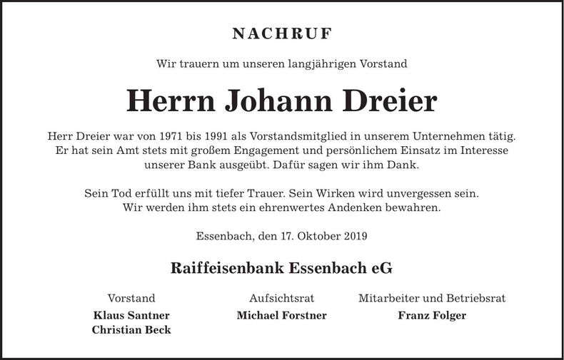 Traueranzeige Johann Dreier