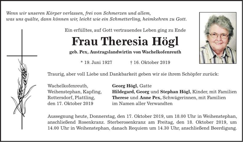 Traueranzeige Theresia Högl