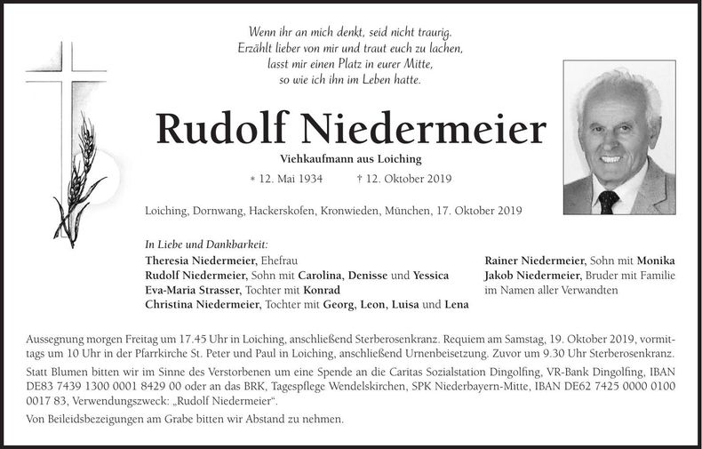 Traueranzeige Rudolf Niedermeier