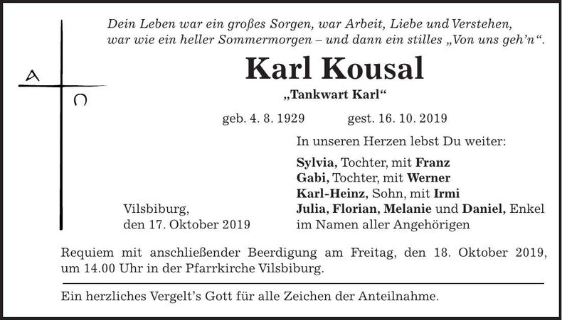 Traueranzeige Karl Kousal