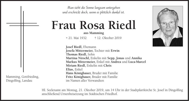 Traueranzeige Rosa Riedl