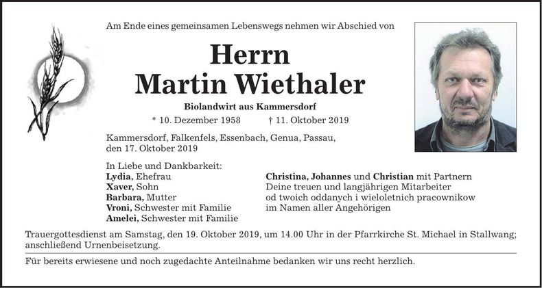 Traueranzeige Martin Wiethaler
