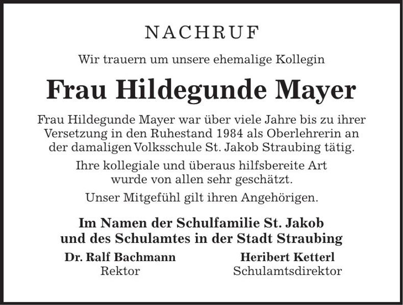 Traueranzeige Hildegunde Mayer