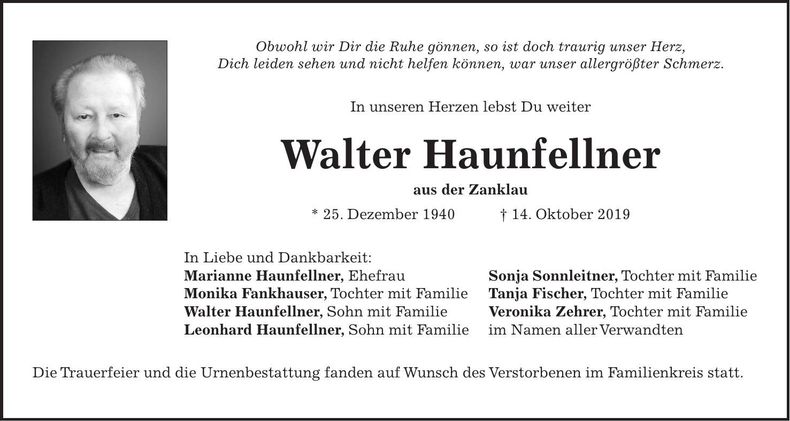 Traueranzeige Walter Haunfellner