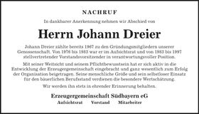 Traueranzeige Johann Dreier