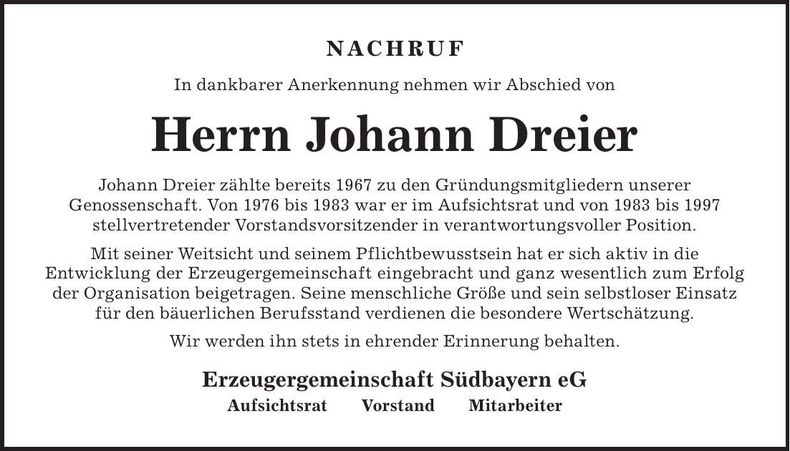 Traueranzeige Johann Dreier