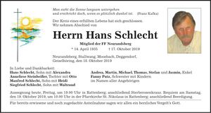 Traueranzeige Hans Schlecht