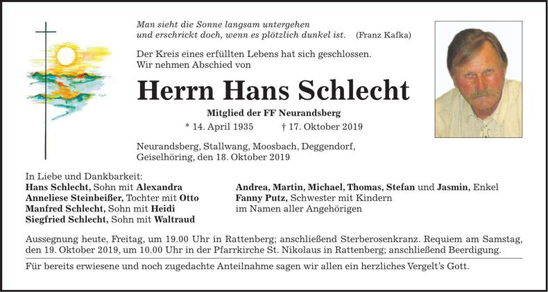 Traueranzeige Hans Schlecht