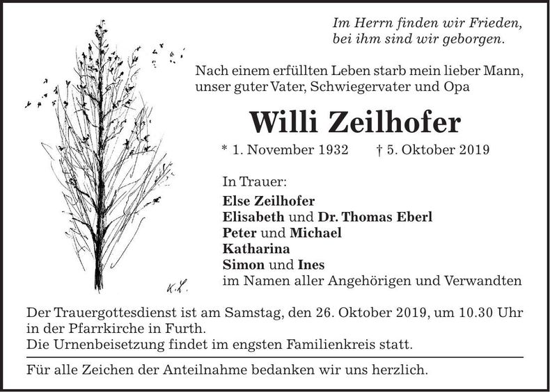 Traueranzeige Willi Zeilhofer