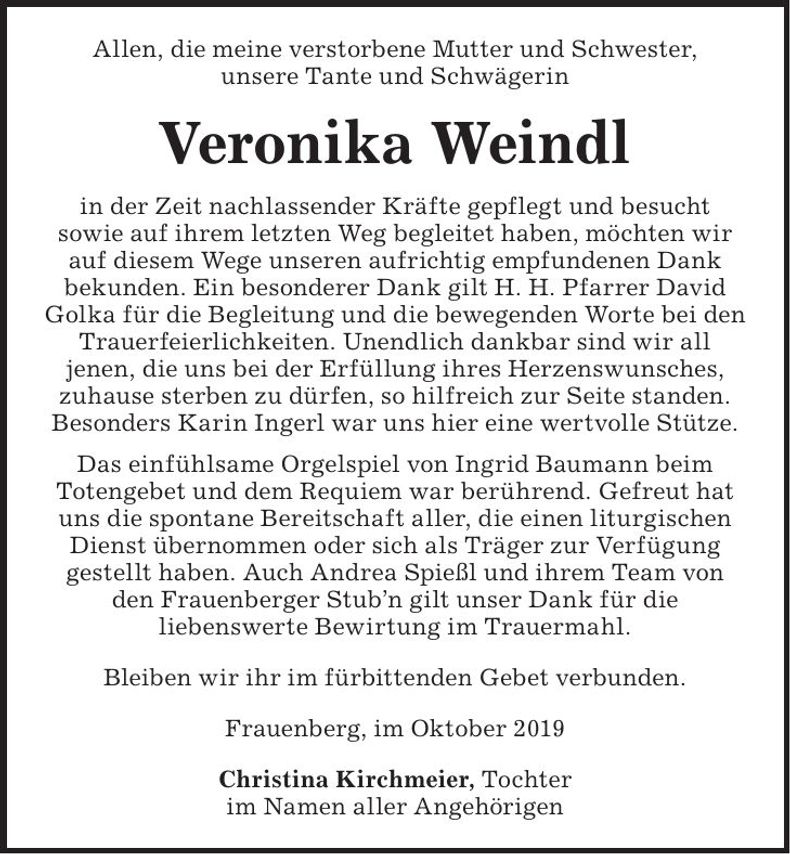 Traueranzeige Veronika Weindl