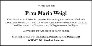 Traueranzeige Maria Weigl