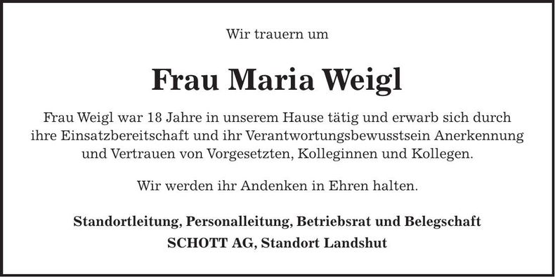 Traueranzeige Maria Weigl