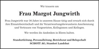 Traueranzeige Margot Jungwirth