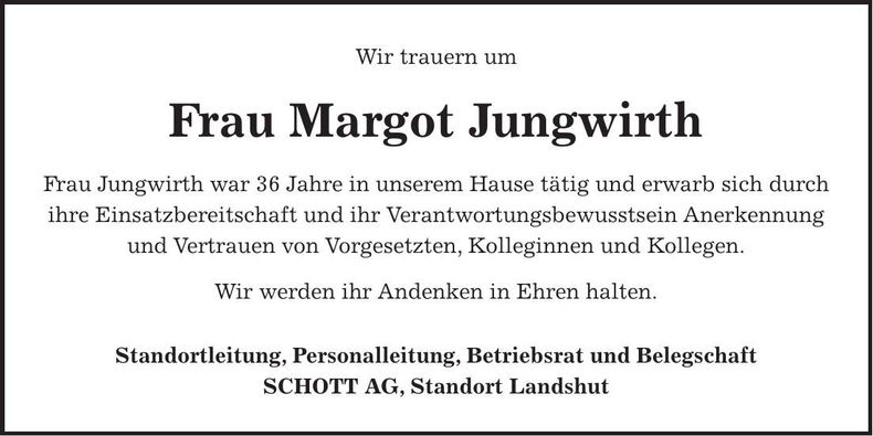 Traueranzeige Margot Jungwirth