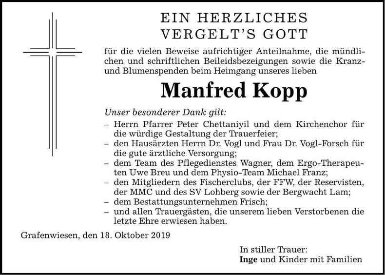 Traueranzeige Manfred Kopp