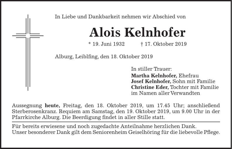 Traueranzeige Alois Kellnhofer