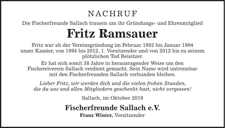 Traueranzeige Fritz Ramsauer