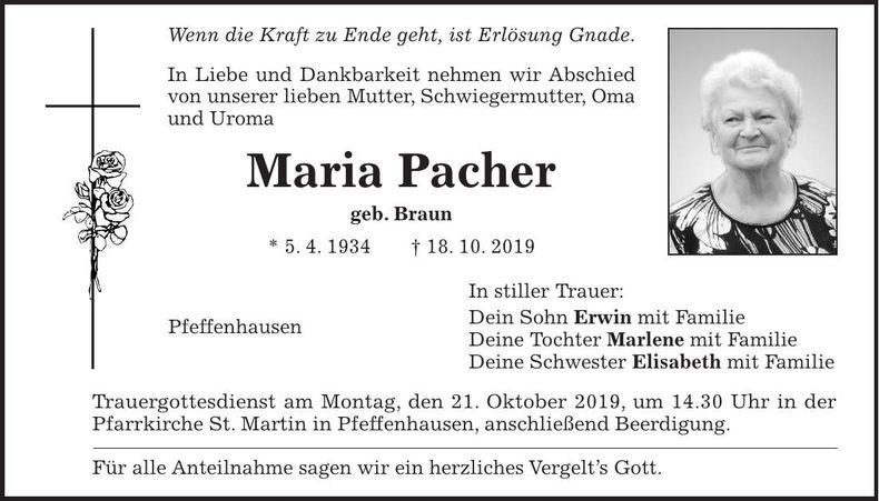 Traueranzeige Maria Pacher