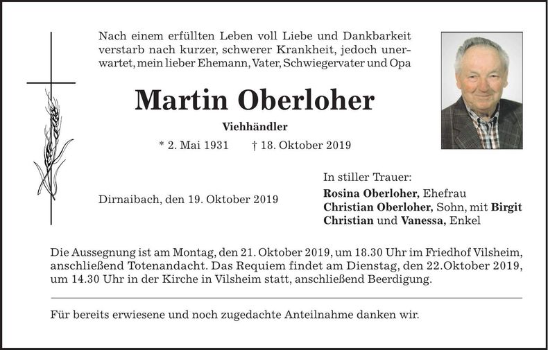 Traueranzeige Martin Oberloher