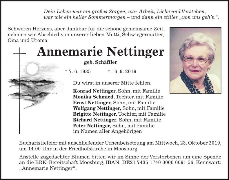 Traueranzeige Annemarie Nettinger