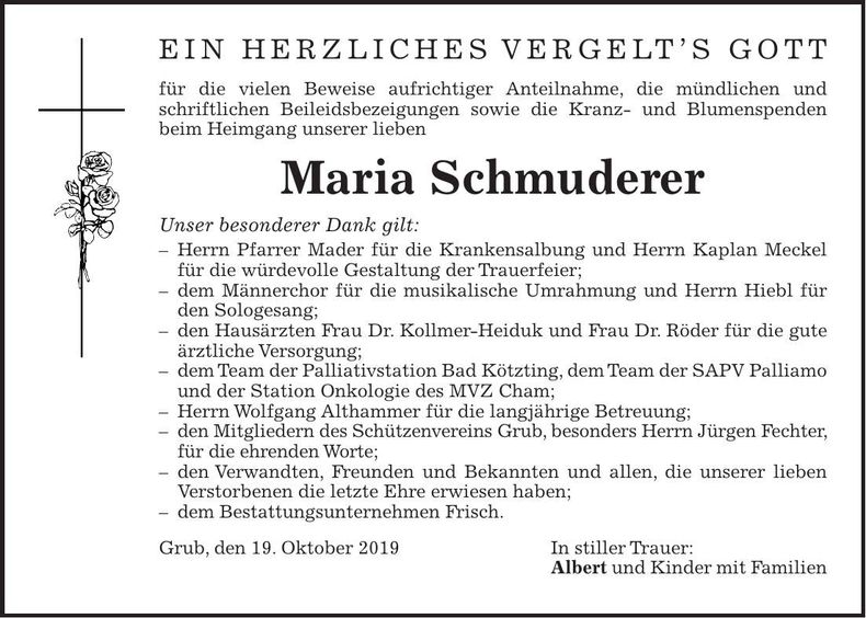 Traueranzeige Maria Schmuderer