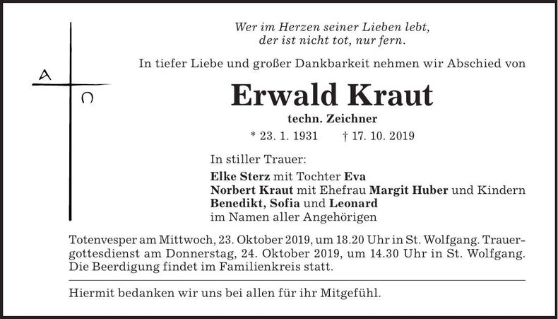 Traueranzeige Erwald Kraut