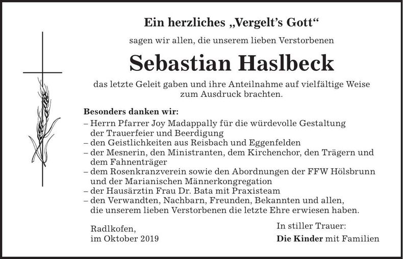 Traueranzeige Sebastian Haslbeck