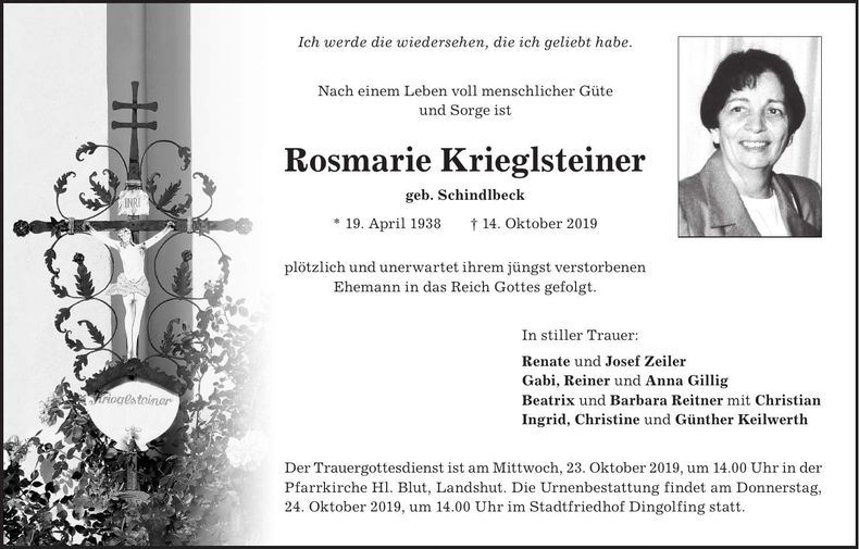 Traueranzeige Rosmarie Krieglsteiner