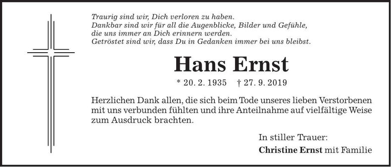 Traueranzeige Hans Ernst