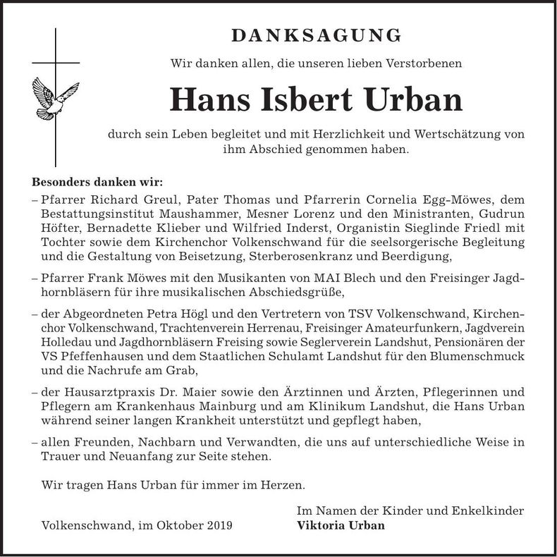 Traueranzeige Hans Isbert Urban