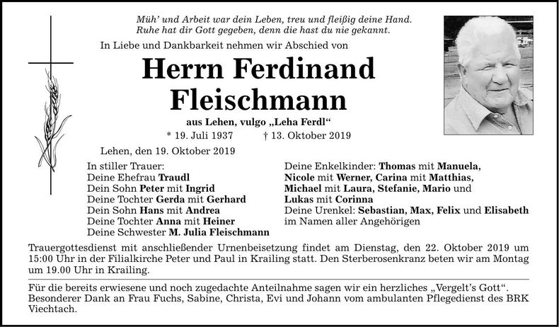 Traueranzeige Ferdinand Fleischmann
